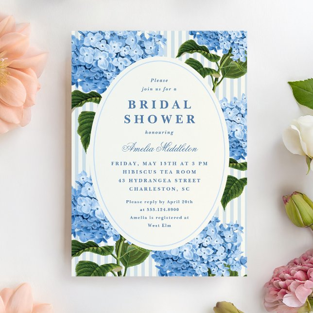 Convite Chá de Noiva de Jardim com Hortênsias Azuis da Cos (East Coast blue hydrangea bridal shower invitation)