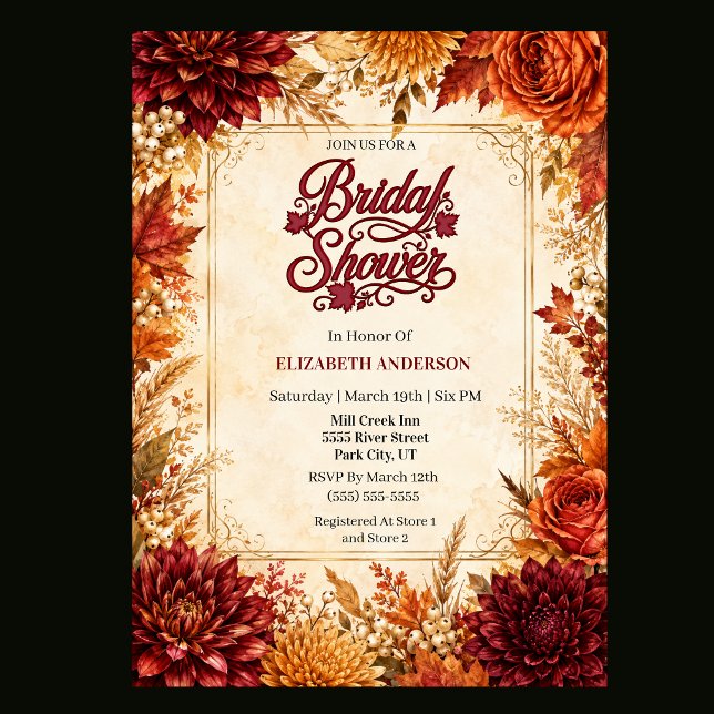 Convite Chá de Noiva de Luxo de Outono (Elegant fall bridal shower invitation with burgundy, burnt orange, rust and gold watercolor flowers,)