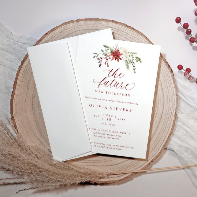 Convite Chá de Noiva de Natal Botânico Elegante (Elegant winter bridal shower design with “The Future Mrs” and watercolor greenery and red berries.)