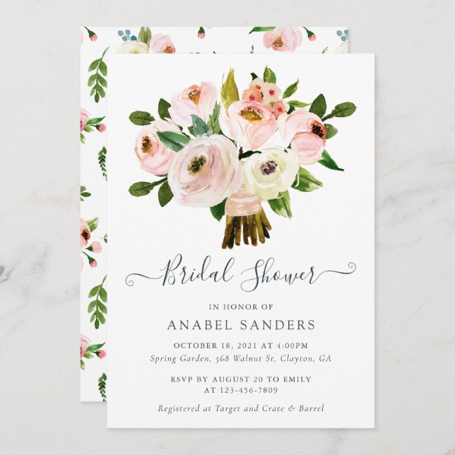 Convite Chá de Noiva de Peônias em Aquarela Tom Rosa Flora (Frente/Verso)
