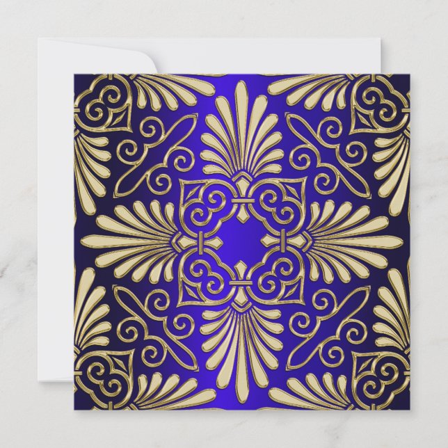 Convite Chá de Noiva Dourado e Azul Art Déco Damask (Frente)