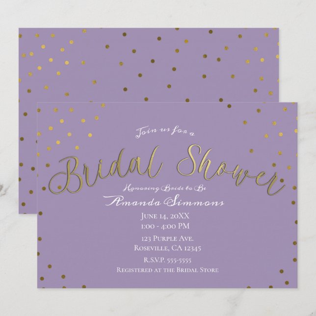 Convite Chá de Noiva Dourado e Lilás Roxo Moderno Glamouro (Frente/Verso)