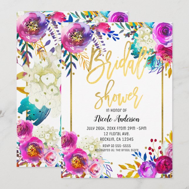 Convite Chá de Noiva Dourado Script Negrito Floral Aquarel (Frente/Verso)