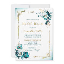 Chá de Noiva Editável em Azul Turquesa e Dourado