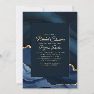 Convite Chá de Noiva Elegante Azul Naval Mármore Dourado