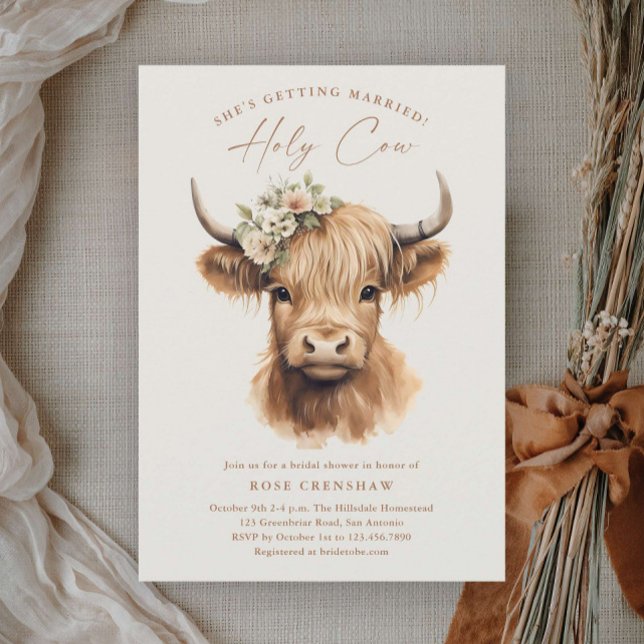 Convite Chá de Noiva Elegante Boho Vaca das Terras Altas (Elegant boho highland cow wedding bridal shower invitations.)