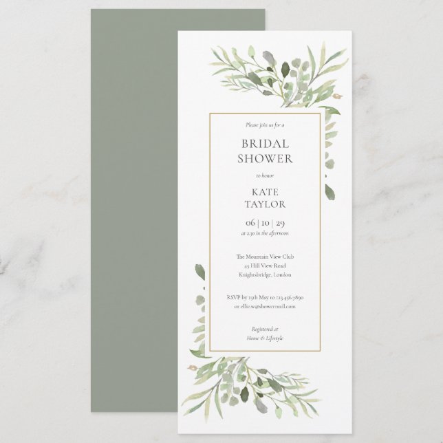 Convite Chá de Noiva Elegante com Aguarela Verde (Frente/Verso)