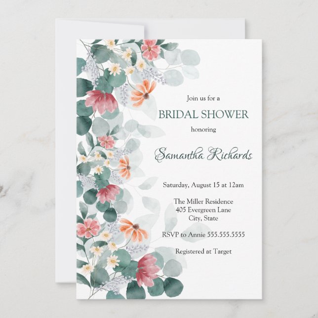 Convite Chá de noiva elegante com aguarela verdejante (Frente)