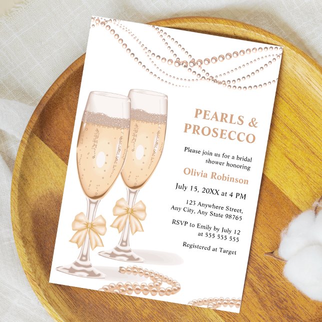 Convite Chá de Noiva Elegante com Arco de Ouro e Pérolas e (Elegant Gold Bow Pearls and Prosecco Bridal Shower Invitation    )