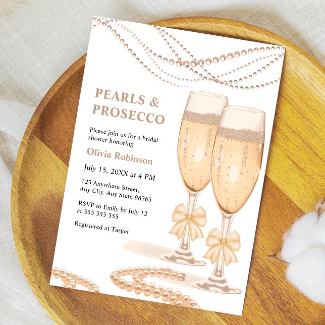 Convite Chá de Noiva Elegante com Arco de Ouro e Pérolas e (Elegant Gold Bow Pearls and Prosecco Bridal Shower Invitation )