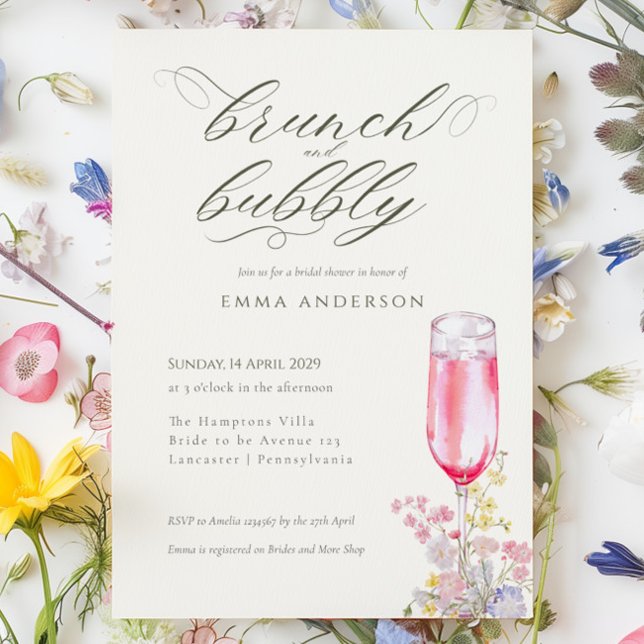 Convite Chá de Noiva Elegante com Caligrafia e Brunch (Elegant Calligraphy Brunch & Bubbly Bridal Shower Invitation)