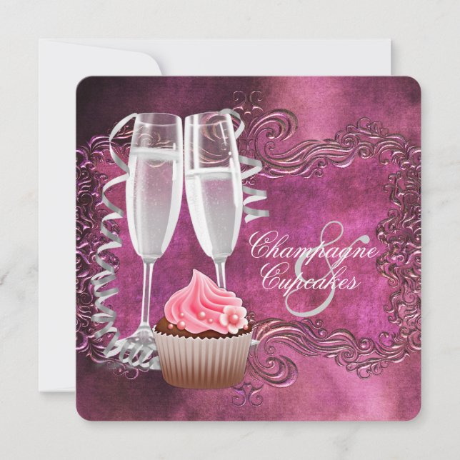 Convite Chá de Noiva Elegante com Champanhe e Cupcake (Frente)