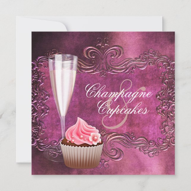 Convite Chá de Noiva Elegante com Champanhe e Cupcake (Frente)