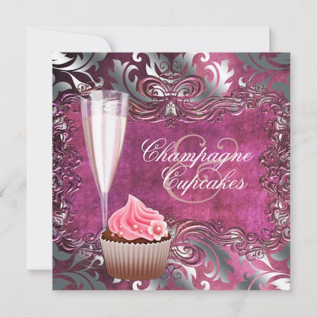 Convite Chá de Noiva Elegante com Champanhe e Cupcake (Frente)