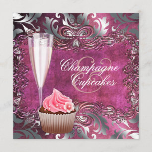 Convite Chá de Noiva Elegante com Champanhe e Cupcake