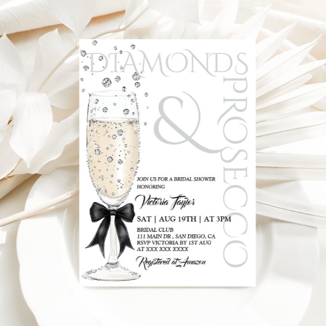Convite Chá de Noiva Elegante com Diamantes e Prosecco (Criador carregado)