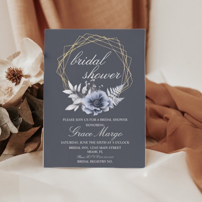 Convite Chá de Noiva Elegante com Letra Floral Azul (Criador carregado)