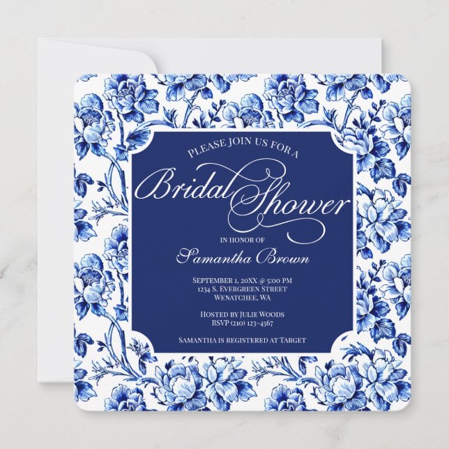Convite Chá de Noiva Elegante em Azul e Branco com Estampa (Frente)