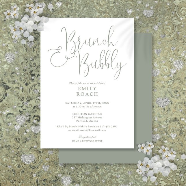 Convite Chá de Noiva Elegante em Verde Sage com Brunch e B (Elegant Sage Green Brunch And Bubbly Bridal Shower Invitation)