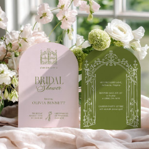Convite Chá de Noiva Elegante em Verde Sálvia e Rosa