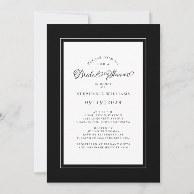 Convite Chá de Noiva Elegante Preto e Branco de Casamento (Frente)