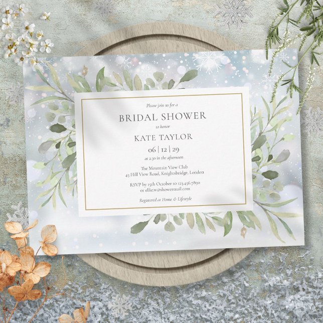 Convite Chá de Noiva em Aquarela de Inverno (Winter Watercolor Greenery Bridal Shower Invitation)