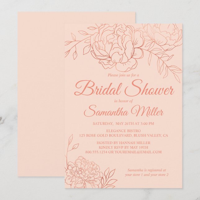 Convite Chá de Noiva em Rose Gold com Flores Desenhadas (Frente/Verso)