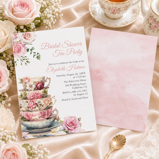 Convite Chá de Noiva em Xícara de Chá Rosa Florescer Festa (Blush Pink Roses Bridal Shower Tea Party Invitation)