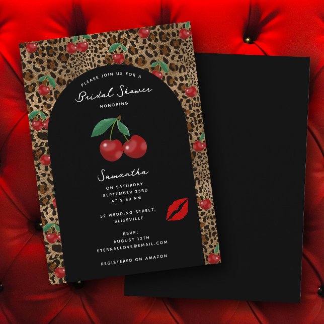 Convite Chá de Noiva Estampa Animal Guepardo Leopardo Cere (Leopard Cheetah Animal Print Cherry Bridal Shower Invitation)