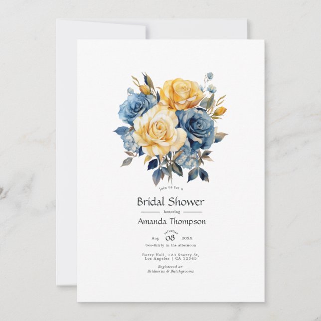 Convite Chá de Noiva Floral Azul e Dourado (Frente)