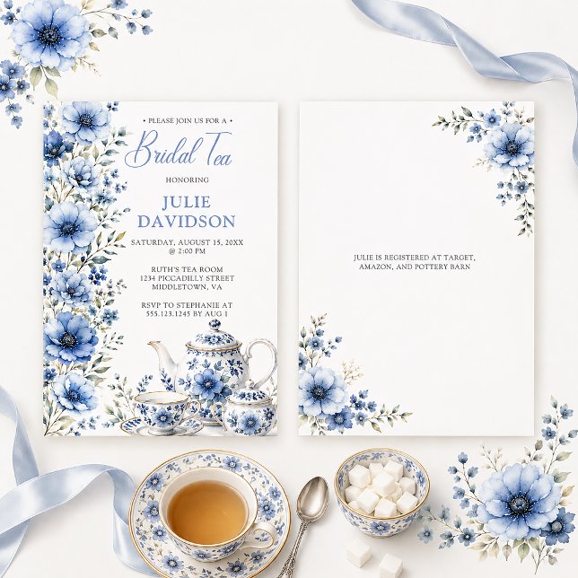 Convite Chá de Noiva Floral Azul Elegante | (Criador carregado)
