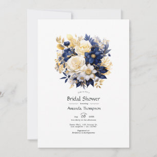 Convite Chá de Noiva Floral Azul Marinho, Branco e Dourado