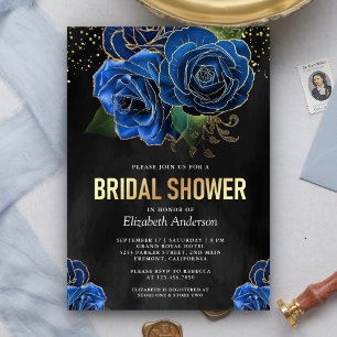 Convite Chá de Noiva Floral Azul Real Dourado Preto Rústic