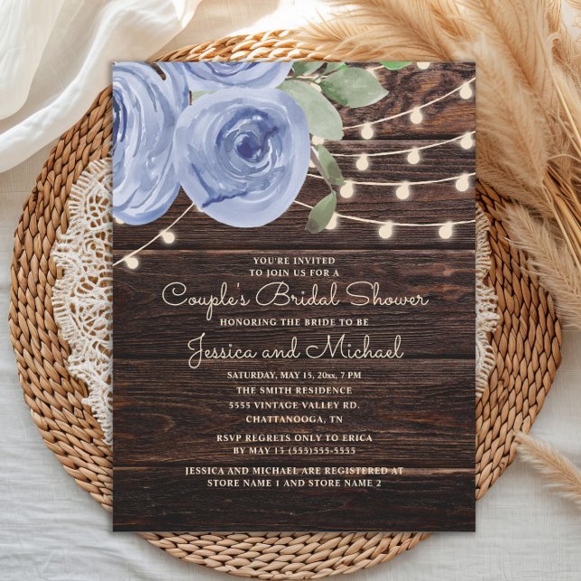 Convite Chá de Noiva Floral Azul Rústico para Casais (Rustic wood and dusty blue watercolor floral couple's bridal shower invitation)