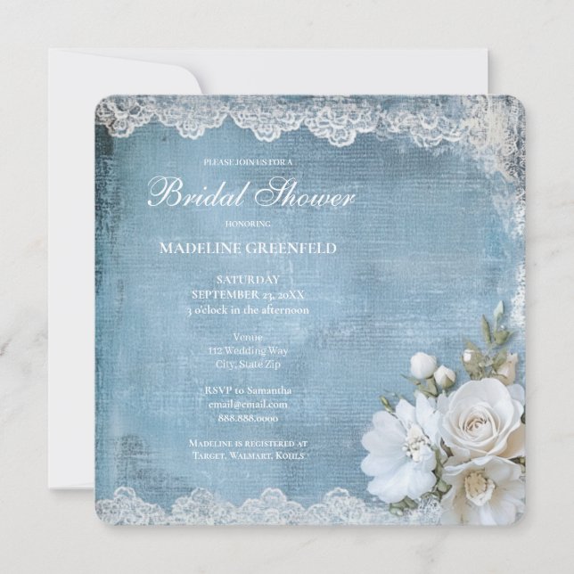 Convite Chá de Noiva Floral Azul Shabby Chic (Frente)