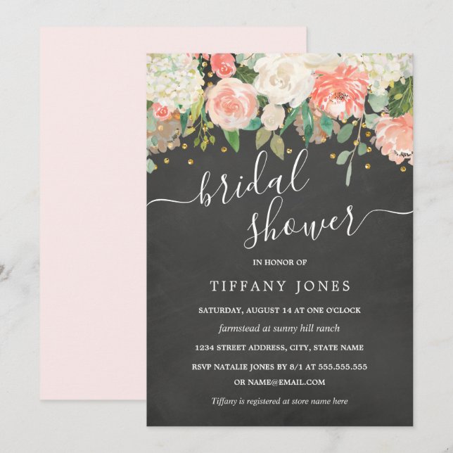 Convite Chá de Noiva Floral Blush Confetti Quadro Negro (Frente/Verso)