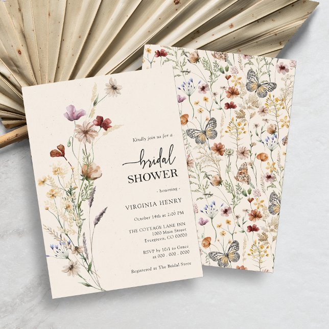 Convite Chá de Noiva Floral Boho Elegante (Rustic Boho Wildflower Bridal Shower Invitation with Butterflies by Painted Paperie)