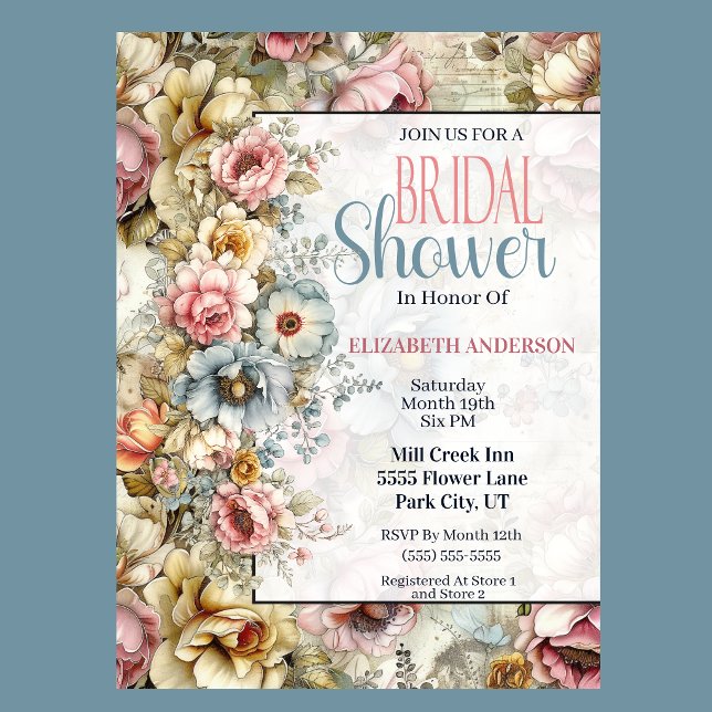Convite Chá de Noiva Floral Bonito em Colagem (Vintage floral bridal shower invitation with watercolor flowers and romantic botanical design
)