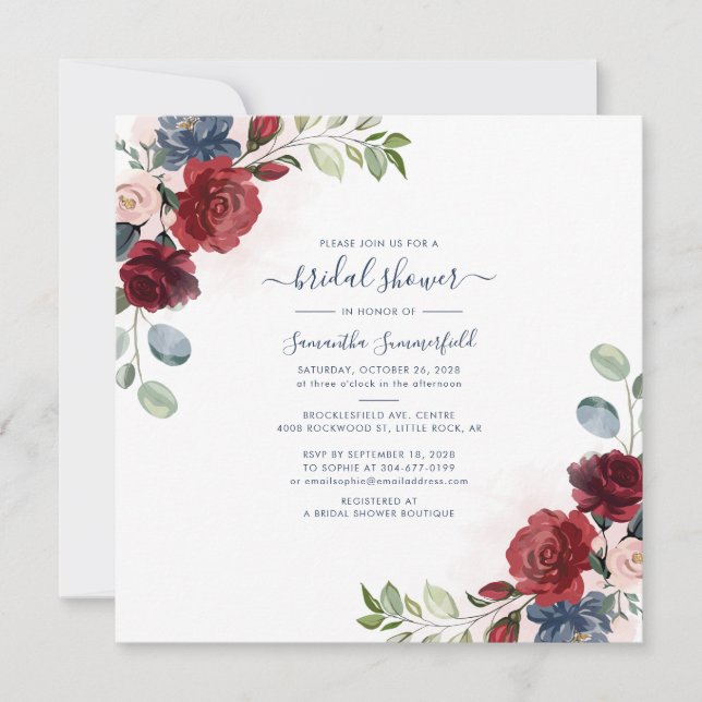 Convite Chá de Noiva Floral Borgonha Eucalipto Script (Frente)
