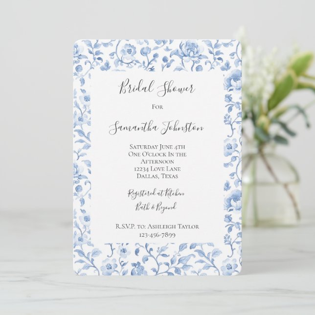Convite Chá de Noiva Floral Branco Azul Romântico (Em pé/Frente)
