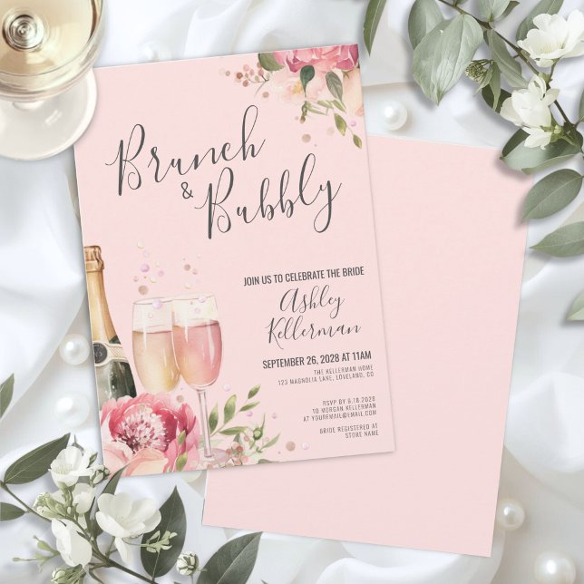 Convite Chá de Noiva Floral Brunch e Bolhas (Brunch And Bubbly Floral Bridal Shower Invitation)