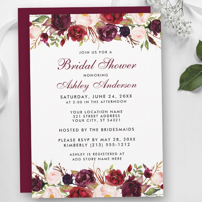 Convite Chá de Noiva Floral Burgundy Aquarela Elegante (Customize to change text size, style or color of back of card.)