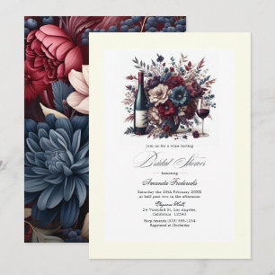 Convite Chá de Noiva Floral Burgundy e Azul-Marinho com Te