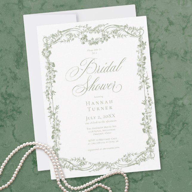 Convite Chá de Noiva Floral Clássico Elegante em Sage (Classic Elegant Sage Floral Frame Bridal Shower Invitation)