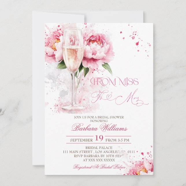 Convite Chá de Noiva Floral com Champanhe Rosa (Frente)