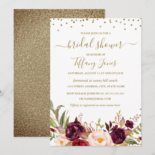 Convite Chá de Noiva Floral Confete Borgonha Dourado (Frente/Verso)