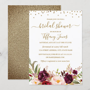 Convite Chá de Noiva Floral Confete Borgonha Dourado