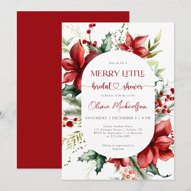 Convite Chá de Noiva Floral de Natal Berry Alegre (Frente/Verso)