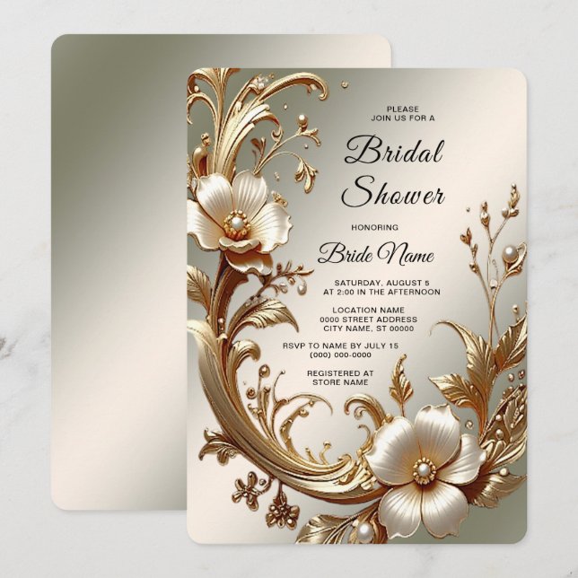 Convite Chá de Noiva Floral Dourado (Frente/Verso)