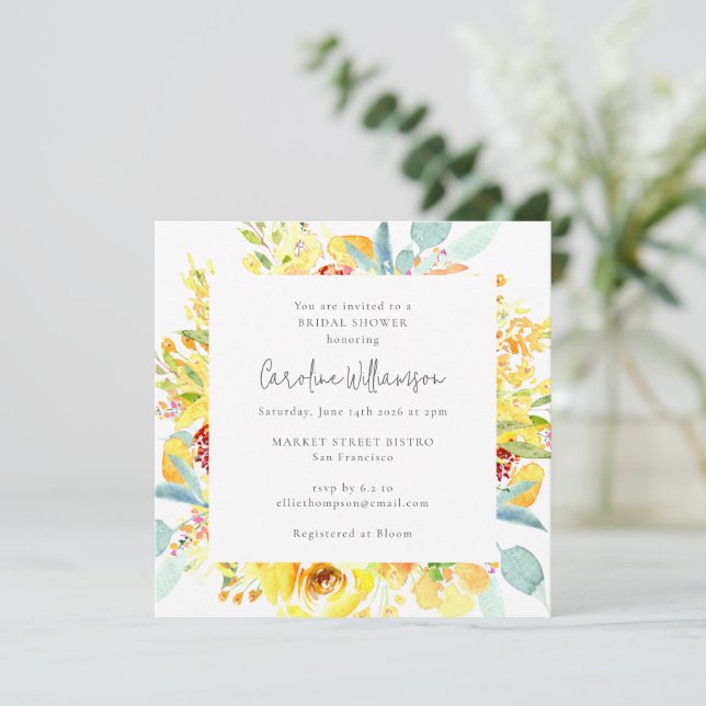 Convite Chá de Noiva Floral em Aquarela Amarela de Verão (Em pé/Frente)